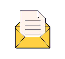Poster - Open envelope with paper letter. Mail, message, email icon in 90s retro style. Post, business document, information symbol in 1990s aesthetics. Flat vector illustration isolated on white background