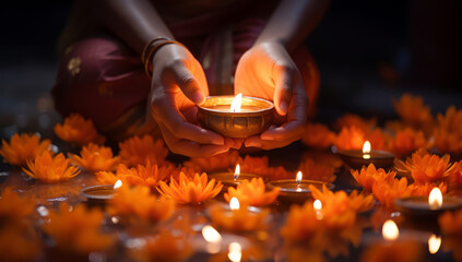 Person with candle kneeling at orange flowers and candles for Diwali