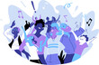 Group of people of different ages is happy to be together celebrating a special event. Happy family enjoy concert, music festival, party, show, performance, recital. Vector illustration