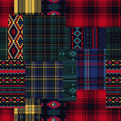 Wall Mural - american native motifs and tartan plaid fabric patchwork abstract vector seamless pattern