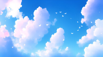 anime flock of white butterflies flying through a blue sky with white clouds