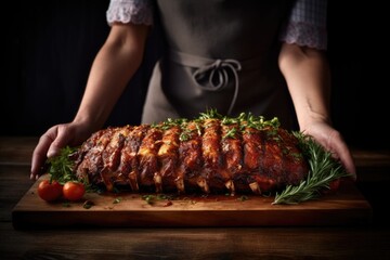 woman freshly cooked ribs on board