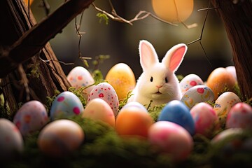 Wall Mural - Festive Easter scene with colorful eggs, cute bunny on a green meadow.