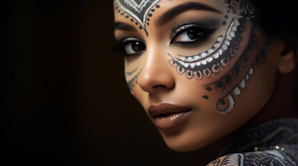 Wall Mural - Bridal makeup with contemporary face painting, intricate details, shimmering colors, AI Generated