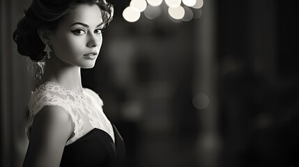 Wall Mural - Elegant woman in vintage attire posing in monochrome with soft background lighting.