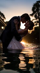Wall Mural - Silhouetted couple kissing by water at sunset, with reflections and warm backlight.