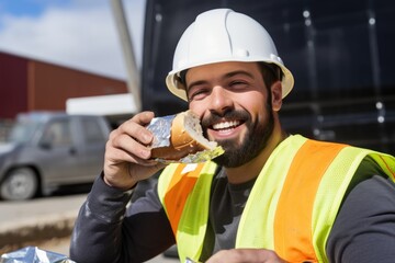 construction worker enjoying a foil-wrapped sandwich at site