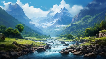 Wall Mural - A holy river flowing with its crystal clear water and greenery by its sides. Mountain in the background
