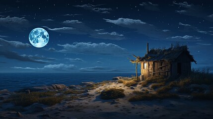 Wall Mural - a moonlight hut with sky full of stars