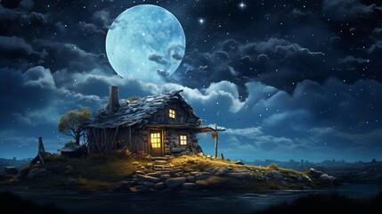 Wall Mural - a moonlight hut with sky full of stars