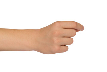 Wall Mural - Male hand holds something with the index finger and thumb. PNG isolated on transparent background