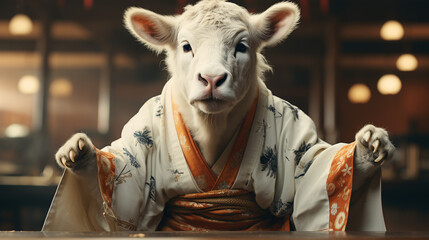 Wall Mural - Funny cow in white kimono exercising karate.