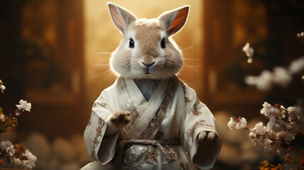 Wall Mural - Funny rabbit in white kimono exercising karate.