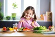 child tasting colorful steamed vegetables