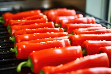 Wall Mural - a row of red bell peppers stuffed and ready for cooking