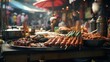 A bustling street food market in Southeast Asia, with various stalls cooking local delicacies.