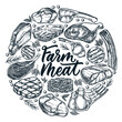 Farm fresh meat products package circle label or sticker. Vector hand drawn sketch illustration of beef, pork, lamb