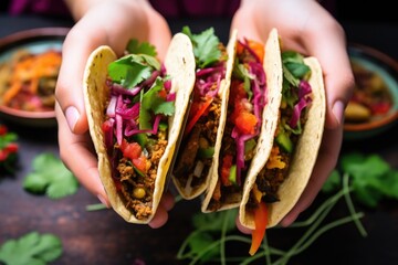 Wall Mural - jazzy vegan tacos with human hand reaching