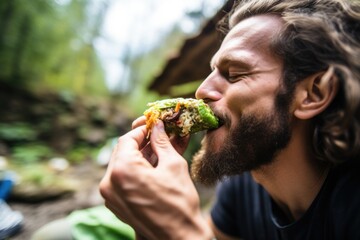Wall Mural - man biting into a crispy vegan taco