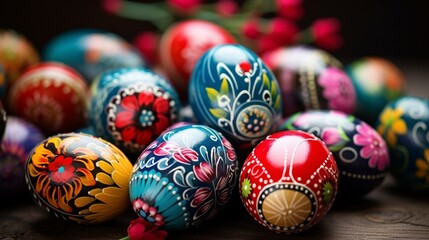 Wall Mural - A close-up of intricately decorated Easter eggs with traditional folk patterns and bright colors