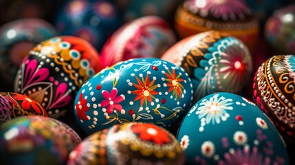 Wall Mural - A close-up of intricately decorated Easter eggs with traditional folk patterns and bright colors