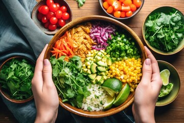 Wall Mural - hands preparing a burrito bowl with various fresh veggies