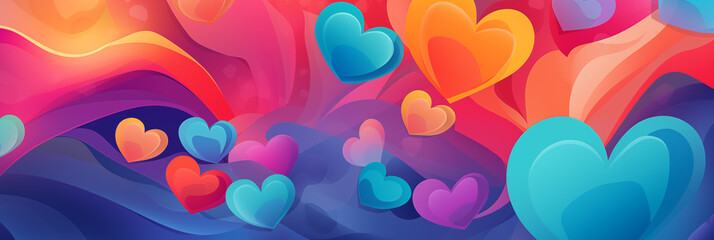 Wall Mural - Colorful hearts background banner. Valentine's Day. Panoramic web header with copy space. Wide screen wallpaper.