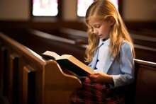 Girl In Church Pew Reading A Bible