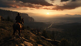 Recreation of a cowboy riding horse staring the grand canyon at sunset	