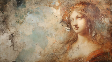 retro fresco painting renaissance vintage old wall with peeling paint beautiful girl woman photo pap