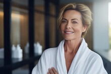Headshot Of Happy Smiling Beautiful Middle Aged Woman Wearing Bathrobe At Spa Salon Hotel Looking At Camera. Wellness Spa Procedures Advertising. Skincare Concept.