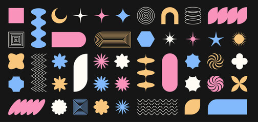 Poster - Abstract geometric shapes and forms. Brutal contemporary figures, stars, ovals, flowers and other primitive design elements. Y2K vector illustrations.
