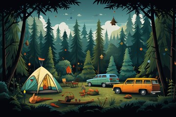 Wall Mural - Camping in the forest with a car and tent. Vector illustration, Adventure, tents and cars in the park forest, AI Generated