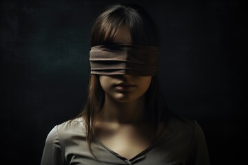 Sticker - Young woman with blindfold on her eyes looking at the camera. Dark background, a young woman with a blindfold that prevents her from seeing, AI Generated