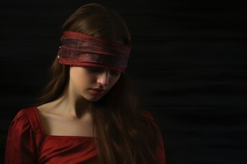 Sticker - Portrait of beautiful young woman with red blindfold on dark background, a young woman with a blindfold that prevents her from seeing, AI Generated