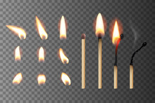 Match Sticks With Flame Sequence Set. Wooden Match Burning Cycle. New, Blazing, Burned, Blown Out Matchsticks. Realistic Vector Illustration. Lights And Flames Design On Transparent Background