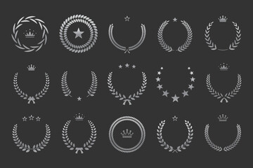 Wall Mural - silver laurel wreath, winner award set vector illustration. silvery branch of olive leaves or stars 