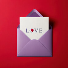Minimalist Design Card With 'love' Text And Heart Shape In A Purple Envelope Against Red Background