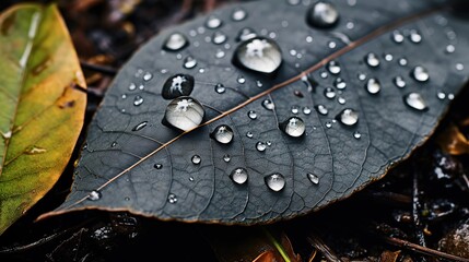 Sticker - A leaf with dark water drops sitting on the ground.