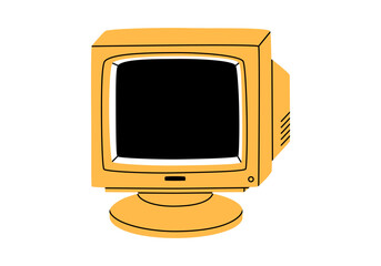 Hand drawn cute cartoon illustration of retro pc monitor. Flat vector old computer sticker in colored doodle style. Vintage office or programmer device icon or print. Information technology. Isolated.
