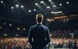 © AIExplosion - Back view of motivational speaker standing on a stage in front of audience, Generative AI