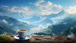 Cup of coffee on the mountain background