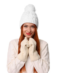 Poster - Young woman in hat and mittens on white background. Christmas celebration