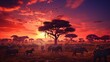 
Herd of wild animals including wildebeest and zebra during migration through East Africa feed on grass under baobab trees during a colorful sunset
