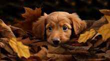 Puppy Hiding In A Pile Of Leaves 