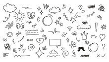 Set Of Cute Pen Line Doodle Element Vector. Hand Drawn Doodle Style Collection Of Heart, Arrows, Scribble, Speech Bubble, Star. Cute Isolated Collection For Office