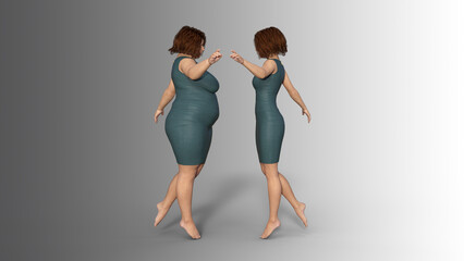 Conceptual fat overweight obese female vs slim fit healthy body after weight loss or diet with muscles thin young woman isolated. A 3D illustration metaphor for fitness, nutrition or fatness obesity