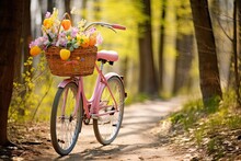 A Vintage Pink Bicycle With A Basket Full Of Flowers And Easter Eggs, Standing On A Sunlit Forest Path.