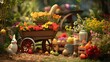 Colorful Easter setup with a wooden cart filled with flowers, eggs, and a white bunny figurine in a garden.