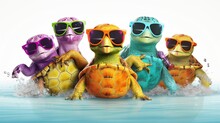 A Group Of Animated, Brightly Colored Turtles Wearing Sunglasses, Creating A Lively And Amusing Composition On A White Backdrop